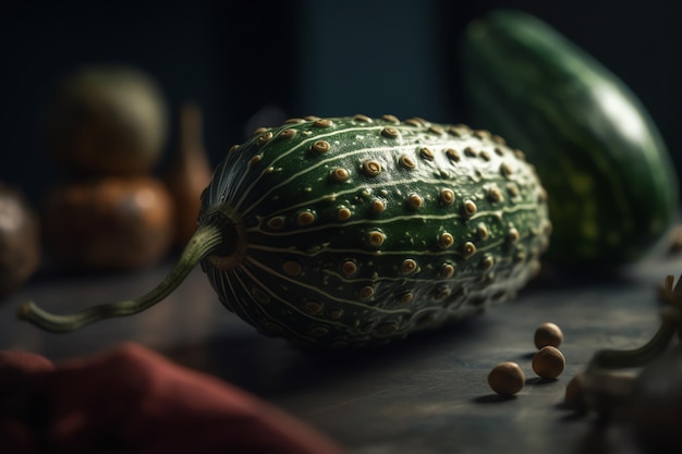 A close up of a green gourd with the word cucumber on it