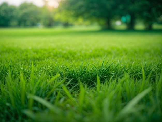 Close up green grass field with blur park background