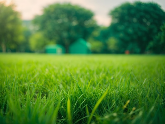 Close up green grass field with blur park background