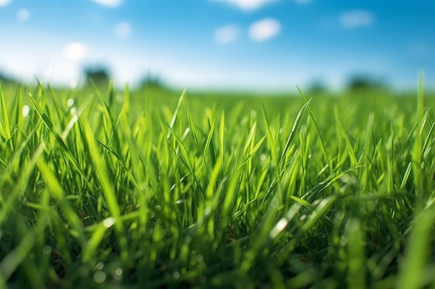 A close up of a green grass field with the sky in the background
