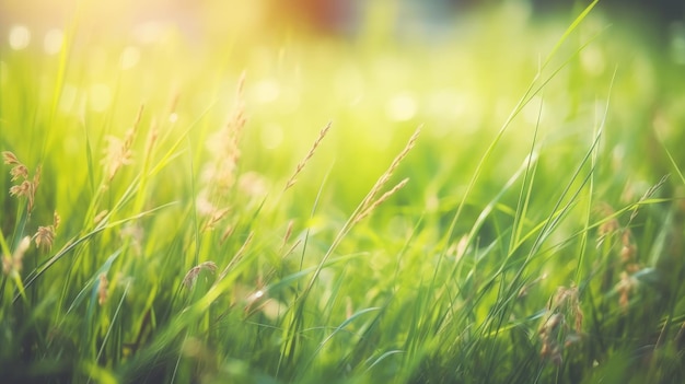 A close up of a green grass field with the sun shining on it.