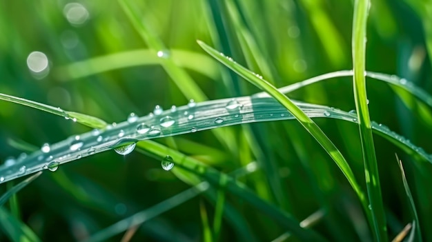 水滴が付いた緑の草の接写