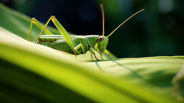 a close up of a green grasshopper on a leaf