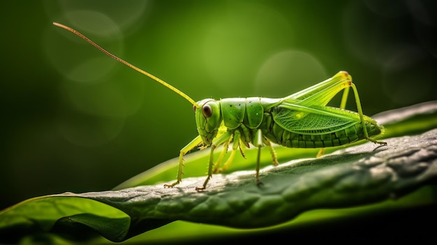 a close up of a green grasshopper on a leaf