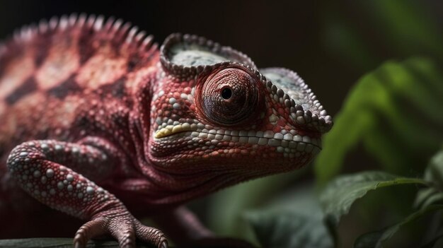 A close up of a green iguana with a red head and red eyes