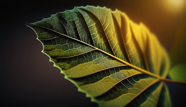 A close up of a green leaf on a black background generative AI