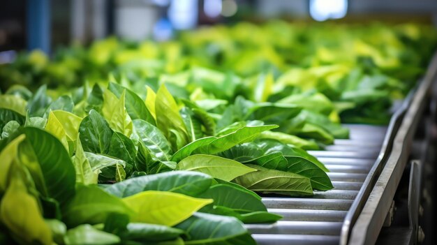 Close up of green leaf on conveyor belt in the factory