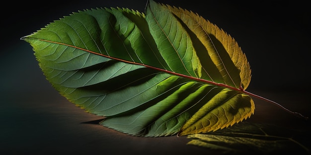 A close up of a green leaf on a table generative AI