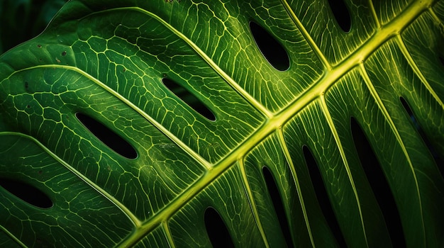 A close up of a green leaf with holes in the center.