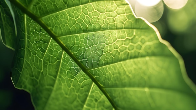 A close up of a green leaf with the sun shining through it