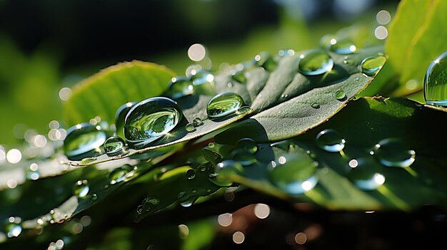 a close up of a green leaf with water droplets on it generative ai