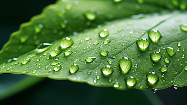 A close up of a green leaf with water droplets on it