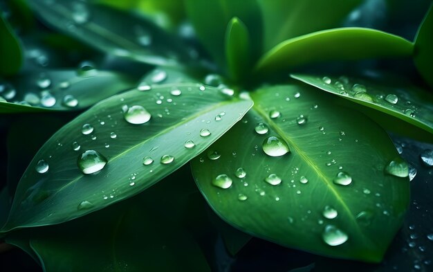 A close up of a green leaf with water droplets on it