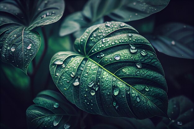 A close up of a green leaf with water droplets on it