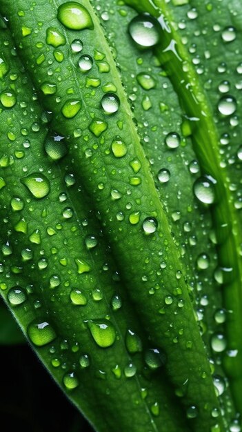 A close up of a green leaf with water droplets on it