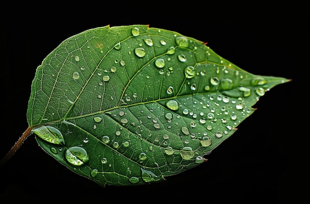 Close up of green leaf with water drops isolated on black background macro photography high