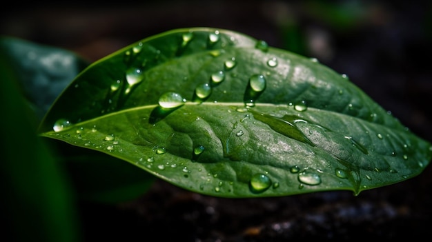 A close up of a green leaf with water drops on it