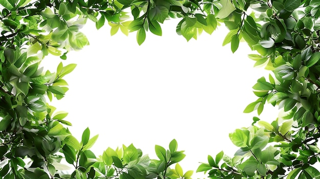 A close up of a green leafy frame with a white background