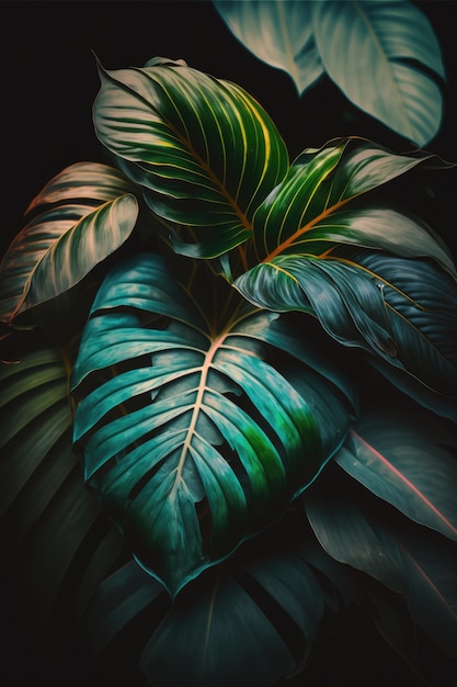 Close up of green leaves on black background created using generative ai technology