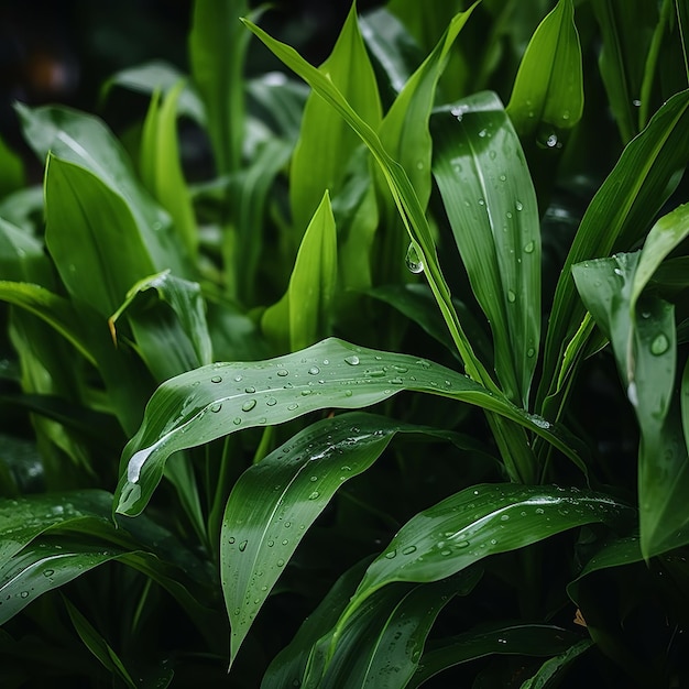 a close up of green leaves with water droplets on them