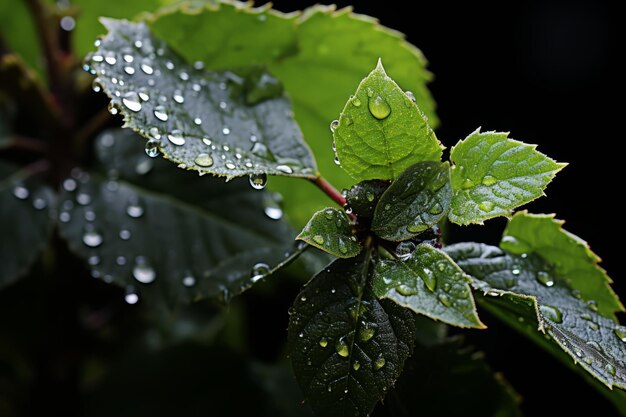 a close up of green leaves with water droplets on them