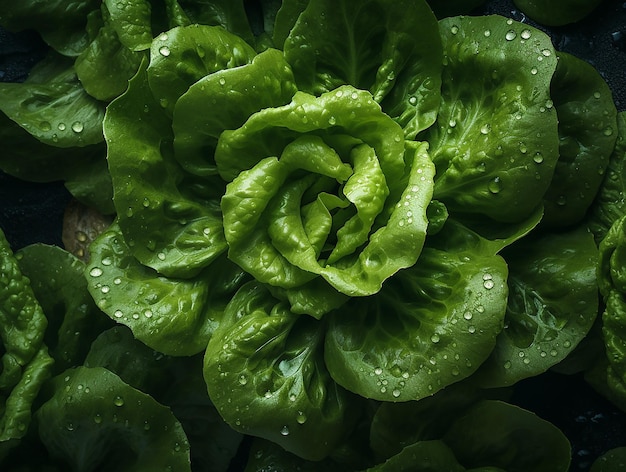 A close up of a green lettuce plant with water droplets on it.