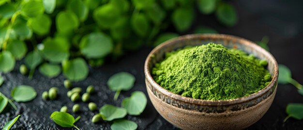 Photo close up of green moringa powder with blurred background