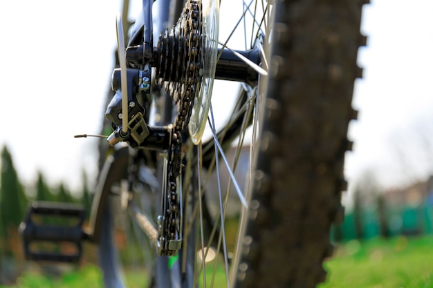 Close up of a green mountain bike, outdoor shot. bicycle detail\
view of soft fucus.