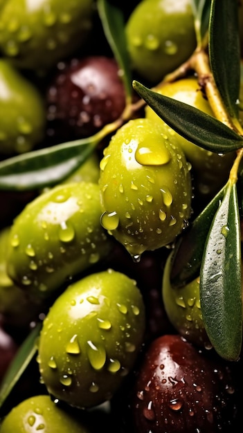 A close up of a green olive with the word olives on it