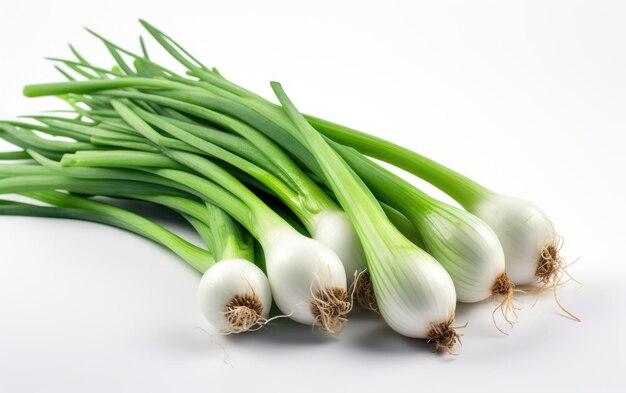 A close up green onion leeks isolated on a white background vegetables ai generated