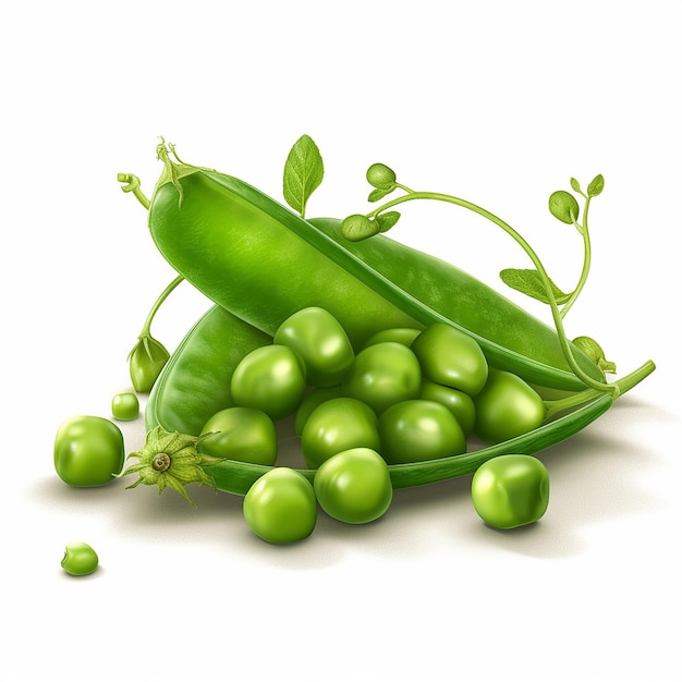 A close up of green peas with leaves and stems.