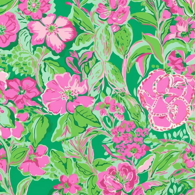 a close up of a green and pink floral print fabric generative ai