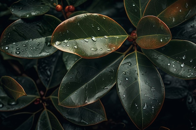 水滴が付いた緑の植物の接写