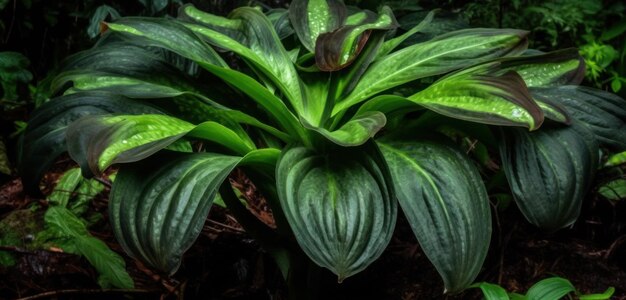 A close up of a green plant with a white and green leafy plant.