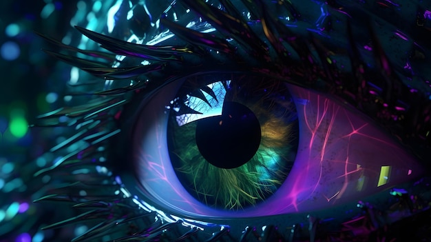 A close up of a green and purple eye with a purple and green eye