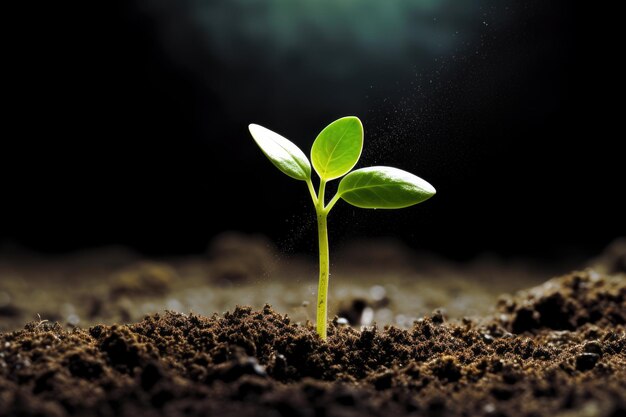 新しい生命と発達の概念を示す緑の苗のクローズアップ 生命の初期の段階における新しい生命の概念を示す緑の苗が発達する植物AI生成
