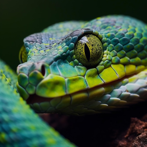 A close up of a green snake with a yellow eye generative ai