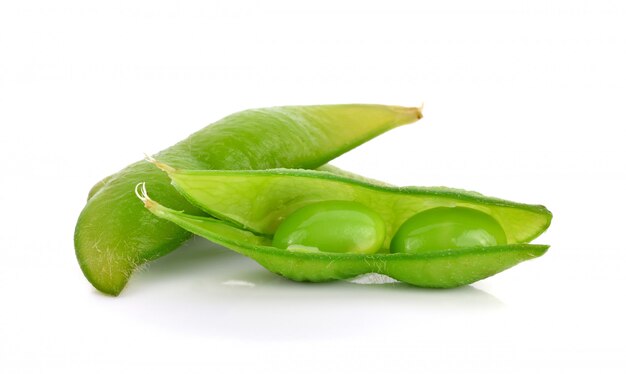 Close up green soy beans isolated on white