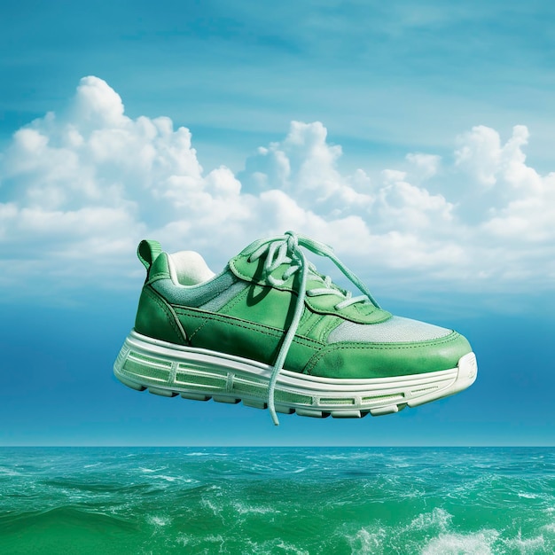Close up green sports shoes on a blue sea level with blue sky and white clouds bright light background Creative advertisement AI Generative