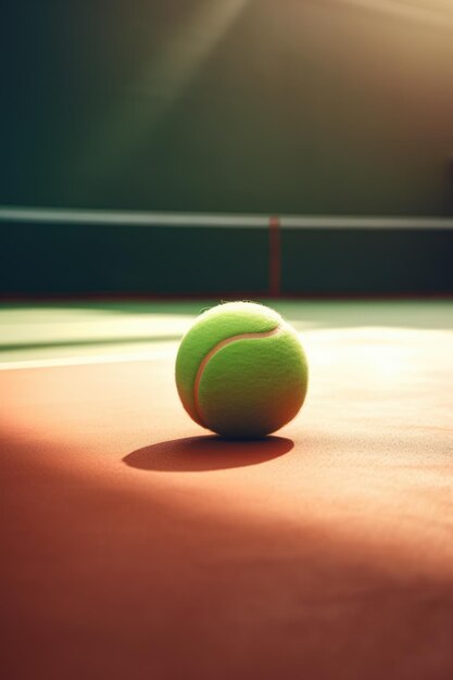 Close up of green tennis ball lying on tennis court at gym created using generative ai technology