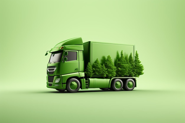 뒷면에 나무가 있는 초록색 트럭의 클로즈업