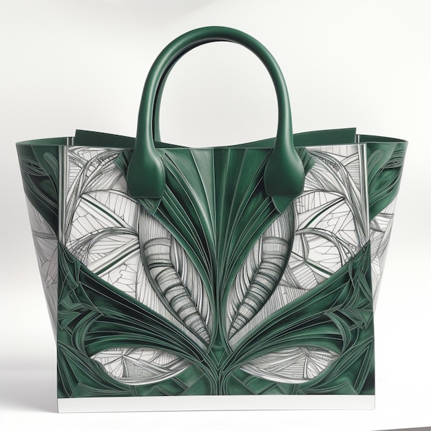 A close up of a green and white bag with a leaf design generative ai