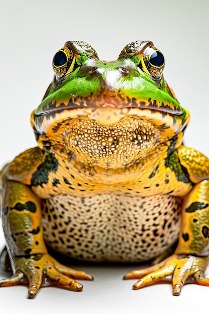 Close up of green and yellow frog with its mouth open