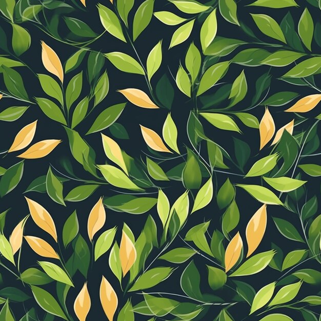 a close up of a green and yellow leaf pattern on a black background generative ai