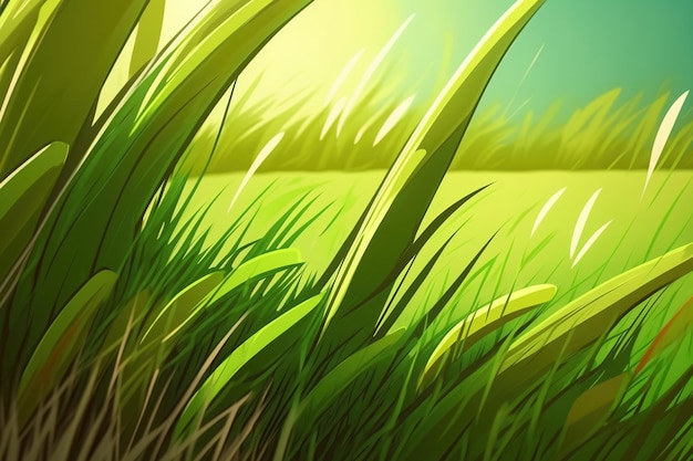 a close up of green young grass in the background