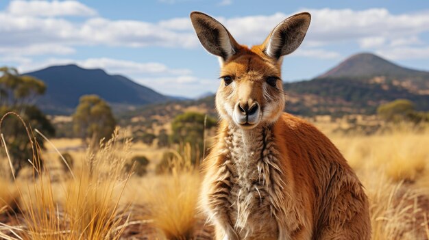 Close up of Grey Kangaroo on a Green Meadow Whit Sea Landscape