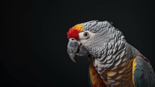 A close up of a grey parrot with a black background