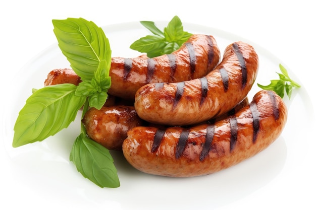 Close up grilled bratwurst pork sausages with basil isolated on white