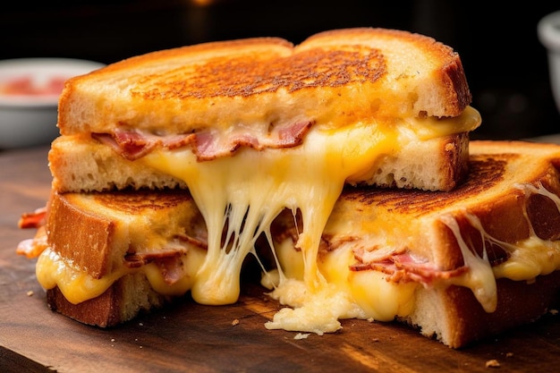 a close up of a grilled cheese sandwich on a cutting board