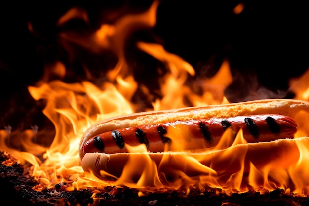 Foto close up hot dog grillato in fiamma e fuoco concetto di hot dog caldo